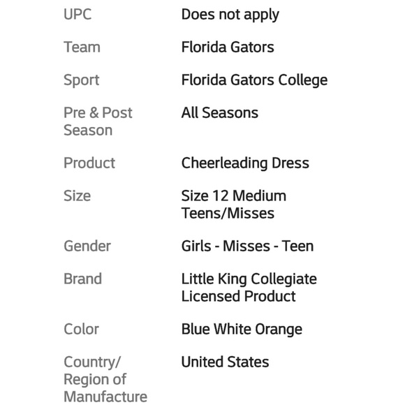 NEW Girls Florida Gators 12 Med Cheerleading Dress. Cute Halloween costume. - Picture 2 of 8